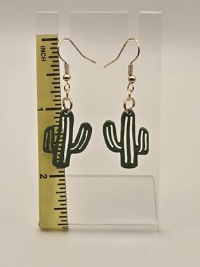 Gold Hook Green Cactus Dangle Earrings